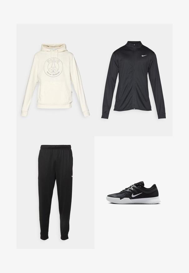 Jacket desportivo preto com mangas longas, colarinho e fecho zip completo. Apresenta um discreto logotipo da Nike em branco na parte superior do lado esquerdo do peito. Textura suave.; Sweatshirt creme com bolso frontal e cordões, apresentando um logótipo do Paris Saint-Germain bordado no peito.; Calças de desporto pretas feitas de tecido suave, com uma cintura elástica, pernas ajustadas e um pequeno logo branco no lado esquerdo.; Sapatilha atlética preta com um cabedal texturizado, swoosh branco da Nike e uma sola de borracha branca. Apresenta um design com atacadores e uma forma dinâmica.