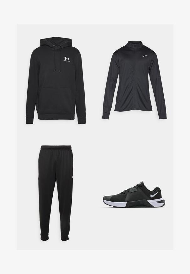 Jacket desportivo preto com mangas longas, colarinho e fecho zip completo. Apresenta um discreto logotipo da Nike em branco na parte superior do lado esquerdo do peito. Textura suave.; Sweatshirt preto com capuz, bolso canguru, capuz ajustável e um logótipo branco da Under Armour no peito. Feito de tecido macio.; Calças de desporto pretas feitas de tecido suave, com uma cintura elástica, pernas ajustadas e um pequeno logo branco no lado esquerdo.; Nike Performance METCON 10 - Sapatilha de treino - black/white/anthracite