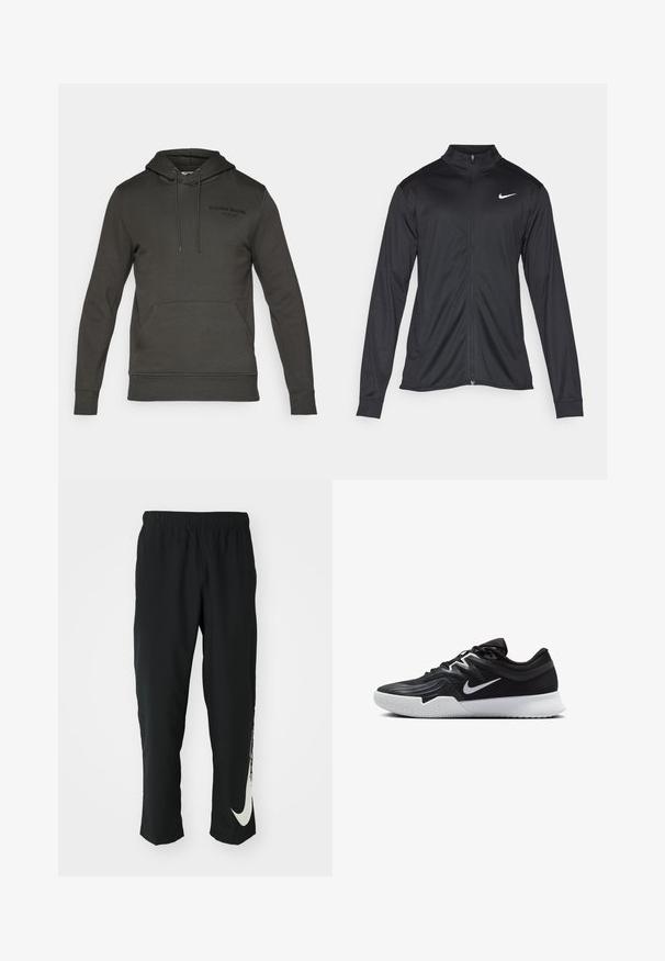 Giacca sportiva nera con maniche lunghe, colletto e zip completa. Presenta un logo Nike in bianco sulla parte superiore del lato sinistro del petto. Tessuto morbido.; Felpa grigia scura con tasca a marsupio frontale, cappuccio e lacci. Presenta un logo anteriore nero, realizzata in morbido tessuto.; Pantaloni sportivi neri con cintura elasticizzata, design affusolato, caratterizzati da un grande logo Nike bianco sulla gamba sinistra. Tessuto morbido e leggero.; Scarpa sportiva nera con tomaia testurizzata, logo Nike swoosh bianco e suola in gomma bianca. Presenta un design con lacci e una forma dinamica.