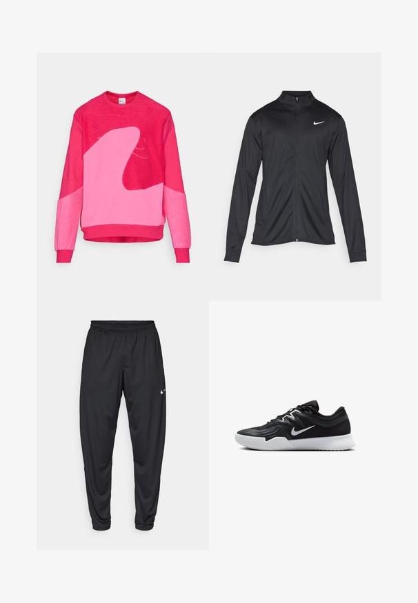 Čierna športová bunda s dlhými rukávmi, golierom a plným zipsom. Obsahuje nenápadné logo Nike v bielej farbe na hornej ľavej hrudi. Hladká textúra.; Mikina z fleecu v živých ružových odtieňoch, s abstraktnými svetlejšími ružovými tvarmi, so žebrovanými manžetami a lemom a s okrúhlym výstrihom.; Čierne atletické nohavice s elastickým pásom, zúženými nohavicami a malým bielym logom Nike na ľavom stehne. Hladká tkanina, bez vzorov.; Čierna športová topánka s textúrovaným zvrškom, bielym logom Nike a bielou gumovou podrážkou. Má šnurovací dizajn a dynamický tvar.