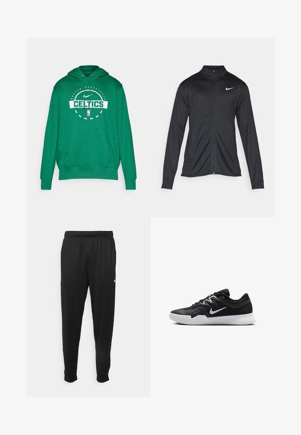 Schwarze Sportjacke mit langen Ärmeln, Kragen und voller Reißverschluss. Verfügt über ein dezentes Nike-Logo in Weiß auf der oberen linken Brust. Glatte Textur.; Grüner Kapuzenpullover mit "CELTICS"-Logo in Weiß, Kängurutaschen und gerippten Bündchen. Hergestellt aus weichem Stoff.; Schwarze Sporthosen aus glattem Stoff, mit einem elastischen Bund, schmal zulaufenden Beinen und einem kleinen weißen Logo auf der linken Seite.; Schwarzer Sportschuh mit strukturiertem Obermaterial, weißem Nike-Warenzeichen und einer weißen Gummisohle. Verfügt über ein Schnürdesign und eine dynamische Form.