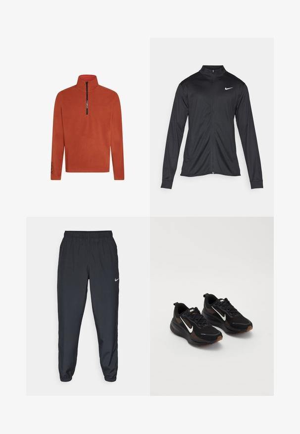 Black athletic jacket with long sleeves, collar, and full zipper. Features a subtle Nike logo in white on the upper left chest. Smooth texture.; Orange fleece pullover with a half-zip front. Features a high collar and logo detail on the sleeve. Soft, textured fabric. Long sleeves.; Black track pants made from lightweight fabric with an elastic waistband, ankle cuffs, and a discreet Nike logo on the left side.; Black athletic shoes with a breathable mesh upper, white Nike swoosh, textured sole, and contrasting brown accents. Includes reinforced heel.