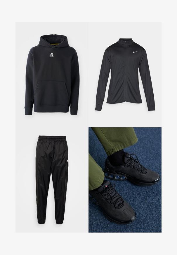 Schwarze Sportjacke mit langen Ärmeln, Kragen und voller Reißverschluss. Verfügt über ein dezentes Nike-Logo in Weiß auf der oberen linken Brust. Glatte Textur.; Schwarze Kapuzenjacke aus Baumwollmischgewebe, mit einer Kängurutasche und einem gestickten Logo auf der Brust. Einfaches, klassisches Design.; Schwarze Jogginghose aus leichtem, glänzendem Material mit elastischem Bund, schmalem Schnitt und Reißverschlusstaschen. Mit einem Logoakzent.; Schwarze Sportschuhe mit einem Obermaterial aus Mesh, strukturiertem Oberflächenmaterial und sichtbaren Luftpolsterkissen. Kombiniert mit olivgrünen Hosen und schwarzen Socken.