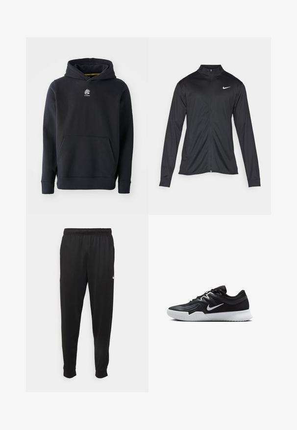 Juodas sportinis švarkas su ilgomis rankovėmis, apykakle ir pilnu užtrauktuku. Yra subtilus baltas Nike logotipas kairėje krūtinės pusėje. Lygus tekstūra.; Juodas gobtuvas, pagamintas iš medvilnės ir sintetinių pluoštų mišinio, su kengūros kišene ir siuvinėtu logotipu ant krūtinės. Paprastas, klasikinis dizainas.; Juodi sportiniai kelnės, pagamintos iš lygaus audinio, turinčios elastinę juosmenį, siaurėjantys sijonai ir mažas baltas logotipas kairėje pusėje.; Juodos sportinės bateliai su tekstūruota viršutine dalimi, balta Nike swoosh ir balta gumine išorine dalimi. Yra su raištelių užsegimo dizainu ir dinamine forma.