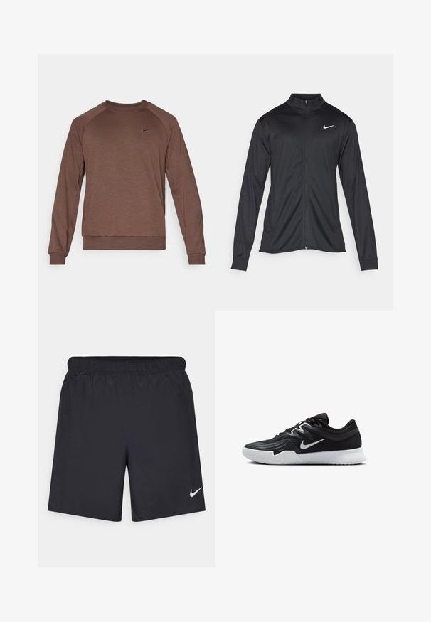 Čierna športová bunda s dlhými rukávmi, golierom a plným zipsom. Obsahuje nenápadné logo Nike v bielej farbe na hornej ľavej hrudi. Hladká textúra.; Hnedý mikina Nike s dlhými rukávmi, okrúhlym výstrihom a raglánovým dizajnom. Obsahuje malé logo nad ľavou časťou hrude. Mäkkučký textilný povrch.; Čierne atletické šortky z ľahkého materiálu s elastickým pásom. Na dolnej ľavej strane majú malé biele logo Nike.; Čierna športová topánka s textúrovaným zvrškom, bielym logom Nike a bielou gumovou podrážkou. Má šnurovací dizajn a dynamický tvar.