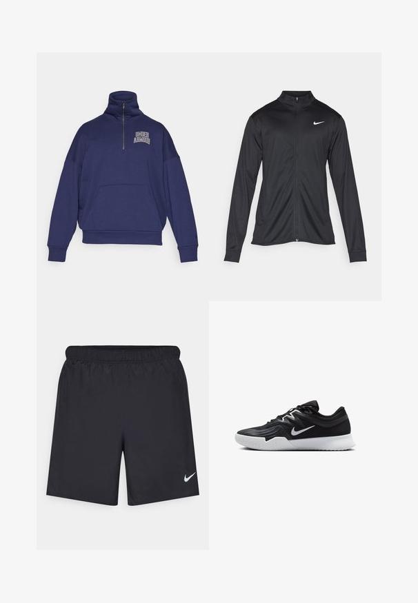 Svart idrottsjacka med långa ärmar, krage och full dragkedja. Har en diskret Nike-logga i vitt på övre vänstra bröstet. Slät yta.; Marinblå sweatshirt med hög krage, halvdragkedja, framficka och "Under Armour"-logotyp i vitt på vänster bröst. Tygblandning av bomull.; Svarta träningsshorts gjorda av lätt material med elastisk midja. Har en liten vit Nike-logotyp på nedre vänstra sidan.; Svarta träningsskor med en texturerad ovandel, vit Nike-logga och en vit gummisula. Har snörningsdesign och en dynamisk form.