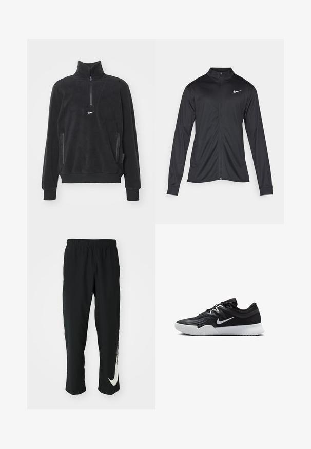 Giacca sportiva nera con maniche lunghe, colletto e zip completa. Presenta un logo Nike in bianco sulla parte superiore del lato sinistro del petto. Tessuto morbido.; Nike Performance Felpa in pile - black/anthracite/white; Pantaloni sportivi neri con cintura elasticizzata, design affusolato, caratterizzati da un grande logo Nike bianco sulla gamba sinistra. Tessuto morbido e leggero.; Scarpa sportiva nera con tomaia testurizzata, logo Nike swoosh bianco e suola in gomma bianca. Presenta un design con lacci e una forma dinamica.