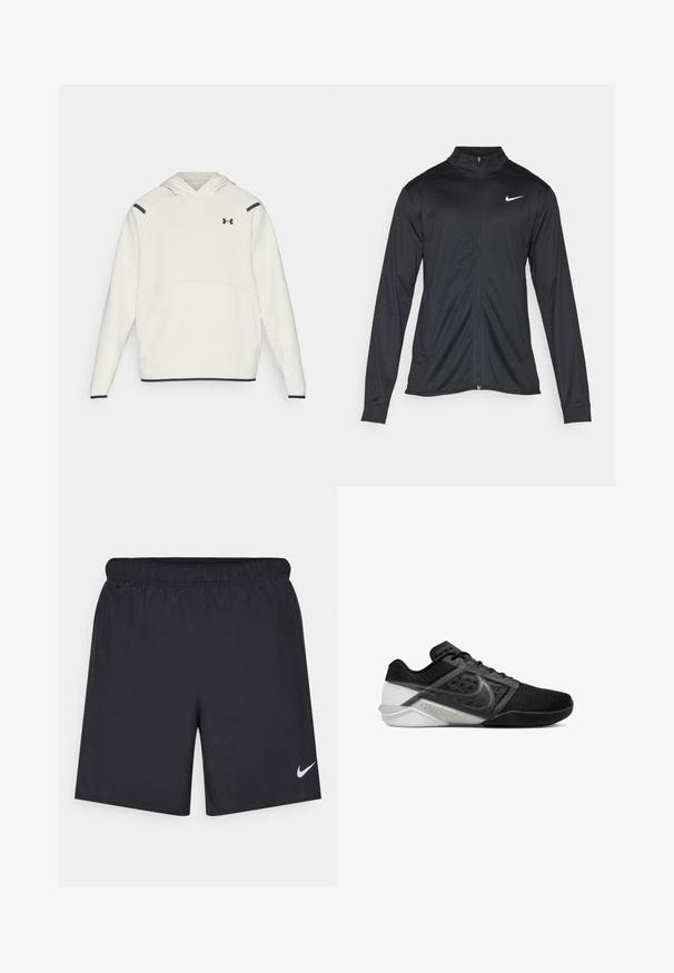 Zwarte sportjack met lange mouwen, kraag en volle rits. Voorzien van een subtiele Nike-logo in het wit op de bovenste linkerborst. Soepele textuur.; Witte hoodie met een kangoeroezak, zwarte accenten op de schouders en een geborduurd logo op de borst. Zachte textuur en ontwerp om over het hoofd aan te trekken.; Zwarte sportshorts gemaakt van lichtgewicht materiaal met een elastische tailleband. Voorzien van een klein wit Nike-logo aan de onderzijde aan de linkerkant.; Zwarte sportieve schoenen met een bovenwerk van mesh, textiel met structuur en een contrasterende witte en grijze rubberen zool. Voorzien van platte veters en een ondersteunend ontwerp.