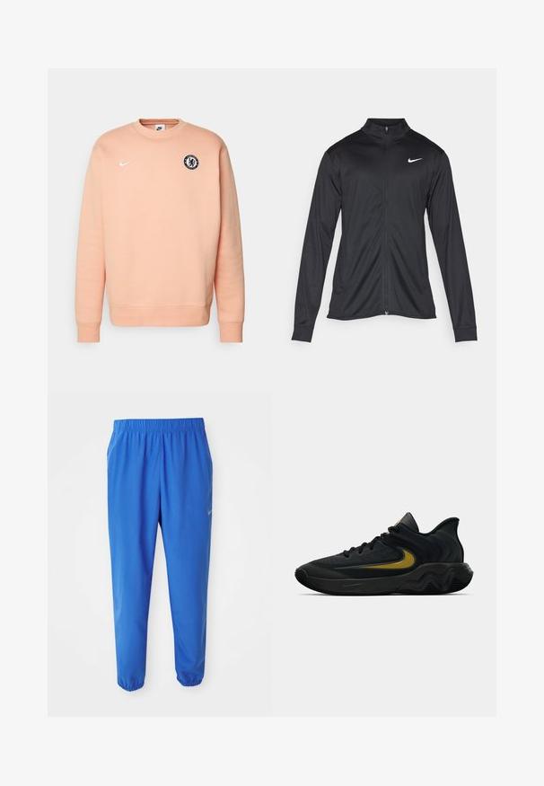 Fekete sportdzseki hosszú ujjal, gallérral és teljes cipzárral. Diszkrét fehér Nike logóval az upper bal mellen. Sima textúra.; Nike Performance CHELSEA FC CLUB SPECIAL EDITION - Klubruházat - apricot agate/guava ice; Kék sportnadrág rugalmas derékpánttal, egyenesen szabott lábakkal és szűkített szárakkal. Az egyik oldalon arany Nike logóval ellátva.; Fekete és sötétszürke sportcipő fekete fűzővel és arany swoosh logóval, hullámos talpformával és párnázott sarokpánttal.