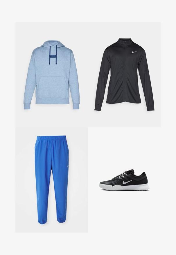 Fekete sportdzseki hosszú ujjal, gallérral és teljes cipzárral. Diszkrét fehér Nike logóval az upper bal mellen. Sima textúra.; Világoskék kapucnis pulóver, puha anyagból készült, elöl kenguruzsebbel, sötétkék zsinórokkal és egy téglalap alakú címkével, rajta a "PARIS SAINT-GERMAIN" felirattal.; Kék sportnadrág rugalmas derékpánttal, egyenesen szabott lábakkal és szűkített szárakkal. Az egyik oldalon arany Nike logóval ellátva.; Fekete sportcipő texturált felsőrésszel, fehér Nike logóval és fehér gumitalppal. Fűzős kialakítással és dinamikus formával rendelkezik.