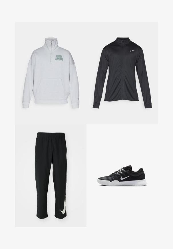 Zwarte sportjack met lange mouwen, kraag en volle rits. Voorzien van een subtiele Nike-logo in het wit op de bovenste linkerborst. Soepele textuur.; Lichtgrijze zip-up sweatshirt met hoge kraag, ruime pasvorm, buidelzak en een groen "Under Armour" logo op de linkerkant van de borst.; Zwarte sportbroeken met elastische tailleband, taps toelopend ontwerp, met een groot wit Nike-logo op het linkerbeen. Zachte, lichte stof.; Zwarte sportieve schoen met een gestructureerde bovenkant, witte Nike swoosh en een witte rubberen zool. Beschikt over een veterontwerp en een dynamische vorm.