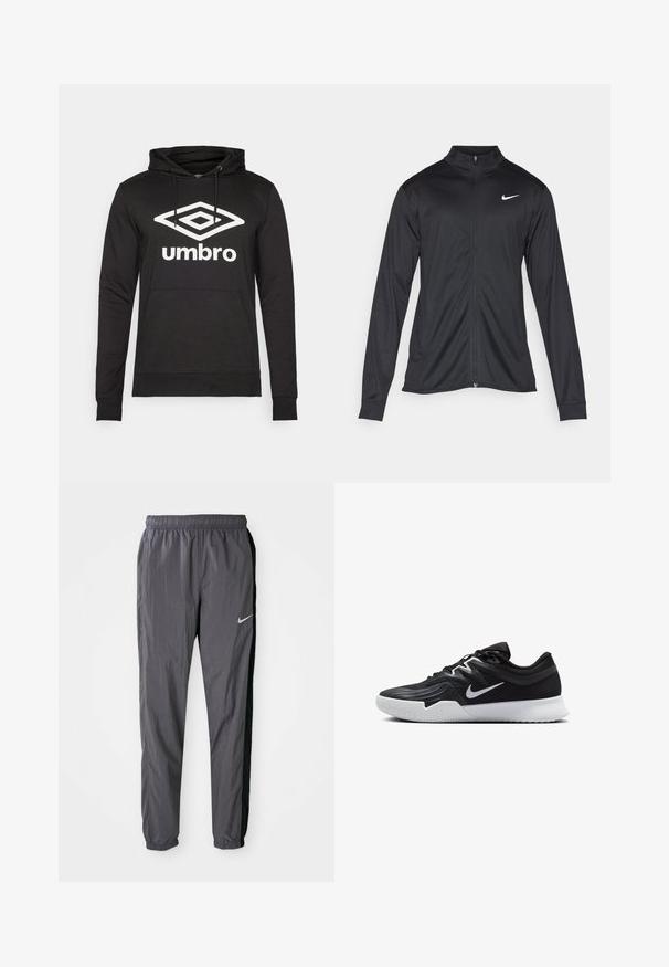 Juodas sportinis švarkas su ilgomis rankovėmis, apykakle ir pilnu užtrauktuku. Yra subtilus baltas Nike logotipas kairėje krūtinės pusėje. Lygus tekstūra.; Juodas džemperis su kišene ir raišteliais, su dideliu baltu deimanto logotipu ir "umbro" tekstu ant krūtinės. Lygus audinio paviršius.; Nike treniruotės kelnės, pagamintos iš lengvo audinio, tamsiai pilkos spalvos su juodomis šoninėmis juostomis. Turi elastinį juosmenį ir atspindinčią logotipą.; Juodos sportinės bateliai su tekstūruota viršutine dalimi, balta Nike swoosh ir balta gumine išorine dalimi. Yra su raištelių užsegimo dizainu ir dinamine forma.