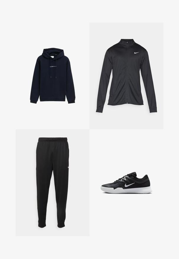 Fekete sportdzseki hosszú ujjal, gallérral és teljes cipzárral. Diszkrét fehér Nike logóval az upper bal mellen. Sima textúra.; Sötétkék kapucnis pulcsi puha anyagból, húzózsinórral ellátott kapucnival, bordázott mandzsettákkal és nyomtatott logóval a mellkasán.; Fekete sportos nadrág sima anyagból, rugalmas derékkal, szűkülő lábakkal és egy kis fehér logóval a bal oldalon.; Fekete sportcipő texturált felsőrésszel, fehér Nike logóval és fehér gumitalppal. Fűzős kialakítással és dinamikus formával rendelkezik.