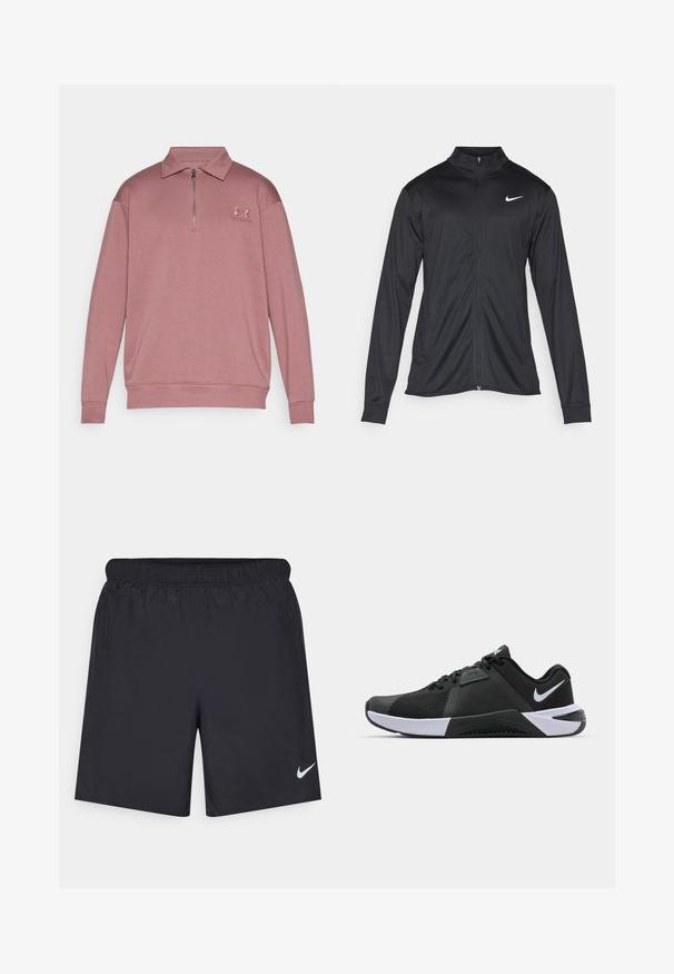 Musta urheilutakki pitkillä hihoilla, kauluksella ja kokonaisella vetoketjulla. Täydentää hienovarainen Nike-logo valkoisena vasemmassa ylärinnassa. Litteä pinta.; Vaaleanpunainen vetoketjukaulusneule, jossa on pitkät hihat, joustavat hihansuut ja brodeerattu logo vasemmassa rinnassa. Sileä kangastuntu.; Mustat urheilushortsit, jotka on valmistettu kevyestä materiaalista ja joissa on joustava vyötärö. Alareunassa vasemmalla puolella on pieni valkoinen Nike-logo.; Nike Performance METCON 10 - Treenikenkä - black/white/anthracite