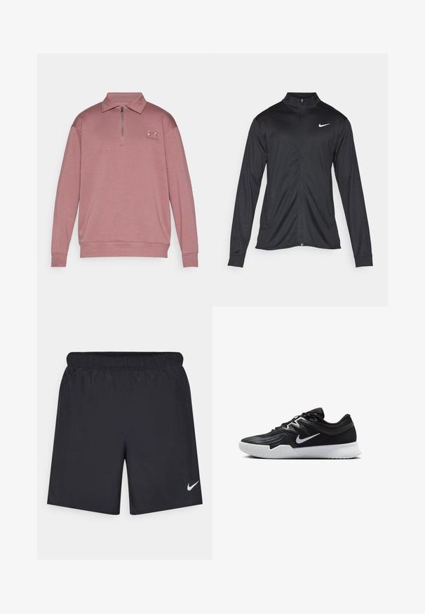 Schwarze Sportjacke mit langen Ärmeln, Kragen und voller Reißverschluss. Verfügt über ein dezentes Nike-Logo in Weiß auf der oberen linken Brust. Glatte Textur.; Helles rosa Pullover-Sweatshirt mit einem Reißverschluss-Kragen, langen Ärmeln, gerippten Bündchen und einem gestickten Logo auf der linken Brust. Glatte Textur.; Schwarze sportliche Shorts aus leichtem Material mit einem elastischen Bund. Auf der unteren linken Seite befindet sich ein kleines weißes Nike-Logo.; Schwarzer Sportschuh mit strukturiertem Obermaterial, weißem Nike-Warenzeichen und einer weißen Gummisohle. Verfügt über ein Schnürdesign und eine dynamische Form.