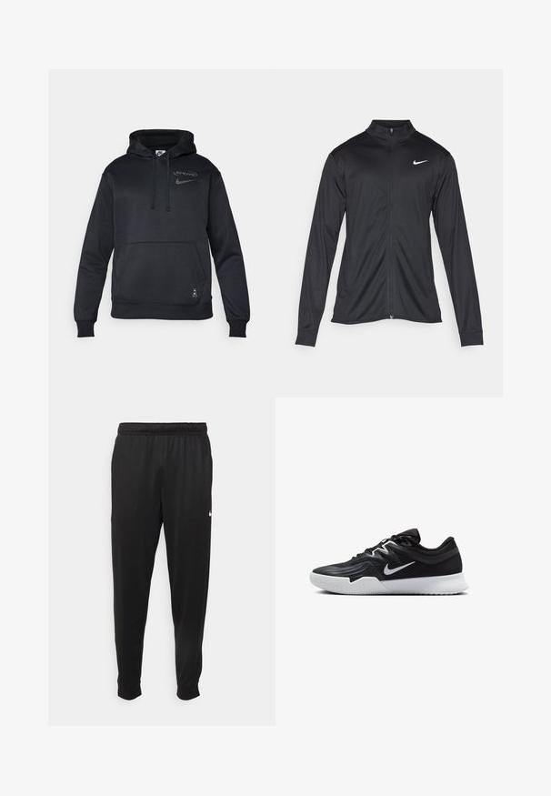 Giacca sportiva nera con maniche lunghe, colletto e zip completa. Presenta un logo Nike in bianco sulla parte superiore del lato sinistro del petto. Tessuto morbido.; Felpa nera Nike con cappuccio regolabile, logo sul petto, tasca a marsupio, polsini e orlo inferiore a coste, realizzata in un tessuto morbido e liscio.; Pantaloni sportivi neri realizzati in tessuto liscio, con una vita elastica, gambe affusolate e un piccolo logo bianco sul lato sinistro.; Scarpa sportiva nera con tomaia testurizzata, logo Nike swoosh bianco e suola in gomma bianca. Presenta un design con lacci e una forma dinamica.