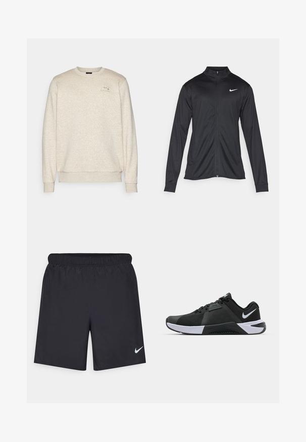 Fekete sportdzseki hosszú ujjal, gallérral és teljes cipzárral. Diszkrét fehér Nike logóval az upper bal mellen. Sima textúra.; Beige pulóver puha, texturált anyagból, kerek nyakkal, bordás mandzsettákkal és aljjal. Apró logó található az elülső bal mellrészen.; Fekete sportnadrág könnyű anyagból, rugalmas derékkal. A bal alsó oldalon egy kis fehér Nike-logó található.; Nike Performance METCON 10 - Edzőcipő - black/white/anthracite