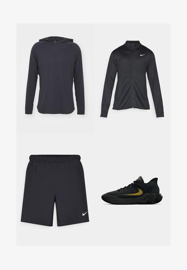 Crna sportska jakna s dugim rukavima, ovratnikom i punim patentnim zatvaračem. Ima suptilan Nike logo u bijeloj boji na gornjem lijevom dijelu prsne oznake. Glatka tekstura.; Dugulja sa kapuljačom dugih rukava u tamno sivoj boji, izrađena od laganog materijala s glatkom teksturom i suptilnim horizontalnim rebrastim uzorkom.; Crne atletske kratke hlače od laganog materijala s elastičnom tačkom. Imaju mali bijeli Nike logo na donjoj lijevoj strani.; Crne i tamnosive atletske tenisice s crnim vezicama i zlatnim Swoosh logom, sa valovitom dizajnom đona i podstavljenim ovratnikom na peti.
