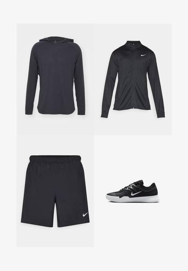 Must värvi sportlik jakk pikkade varrukatega, krae ja täispikk tõmblukk. Ülemises vasakus rinnas on diskreetne valge Nike logo. Sile tekstuur.; Tumehall pika varrukaga kapuutsiga särk, valmistatud kergekoelistest kangast, millel on sile tekstuur ja peen horisontaalne soonikmuster.; Mustad mustikud lühikesed püksid, mis on valmistatud kergest materjalist ja millel on elastne vöökoht. Alumisel vasakul küljel on väike valge Nike logo.; Must mustad jalanikesad rikaste ülaservaga, valge Nike swoosh'i ja valge kummist välispõhjaga. Omab paeltega sulgemisdetaili ja dünaamilist kuju.