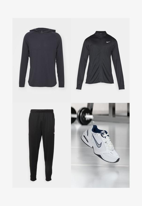 Juodas sportinis švarkas su ilgomis rankovėmis, apykakle ir pilnu užtrauktuku. Yra subtilus baltas Nike logotipas kairėje krūtinės pusėje. Lygus tekstūra.; Ilgas rankovės su kapuce tamsiai pilkas marškinėliai, pagaminti iš lengvos medžiagos su lygia tekstūra ir subtiliu horizontaliu raštu.; Juodi sportiniai kelnės, pagamintos iš lygaus audinio, turinčios elastinę juosmenį, siaurėjantys sijonai ir mažas baltas logotipas kairėje pusėje.; Balti sportiniai batai su tamsiai mėlynu akcentu, akių ir odos viršumi, sustiprinta nosimi ir juodu guminiu padu. Yra išskirtinė Nike ženklinimo funkcija.