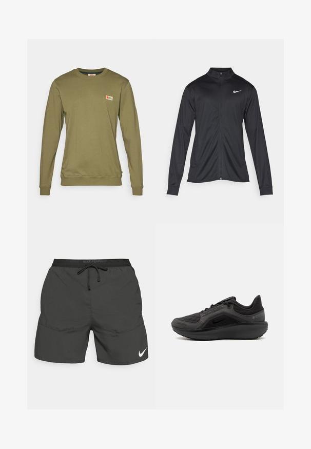 Zwarte sportjack met lange mouwen, kraag en volle rits. Voorzien van een subtiele Nike-logo in het wit op de bovenste linkerborst. Soepele textuur.; Olivengroene sweatshirt met lange mouwen, gemaakt van zachte katoen, met een klein logo embleem op de borst en ribgebreide manchetten en onderkant.; Zwarte hardloopshorts met een elastische tailleband, trekkoord, zijzakken en een wit Nike-logo op het linkeronderbeen.; Zwarte sportieve schoen met een gestructureerde, gewatteerde bovenkant, slank ontwerp en zwarte rubberen zool. Voorzien van een zichtbaar logo en Gore-Tex branding.