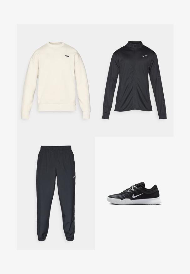 Svart idrettsjakke med lange ermer, krage og full glidelås. Har en subtil Nike-logo i hvitt på øvre venstre bryst. Glatt tekstur.; Lys beiget sweatshirt med rund hals, ribbede mansjetter og nedre kant, og en liten svart logo på brystet. Myk tekstur og avslappet passform.; Svarte joggebukser laget av lett stoff med elastisk midje, ankelmanchetter og en diskret Nike-logo på venstre side.; Svart treningssko med teksturert overdel, hvit Nike-swoosh og hvit gummisåle. Har snøring og en dynamisk form.