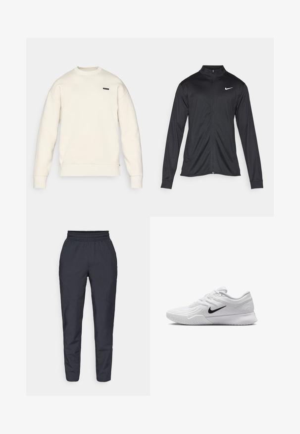 Giacca sportiva nera con maniche lunghe, colletto e zip completa. Presenta un logo Nike in bianco sulla parte superiore del lato sinistro del petto. Tessuto morbido.; Felpa beige chiaro con scollatura rotonda, polsini e orlo a coste, e un piccolo logo nero sul petto. Texture morbida e vestibilità rilassata.; Pantaloni tapered blu realizzati in tessuto morbido, con elastico in vita, tasche laterali e una texture liscia con dettagli di cucitura discreti.; Scarpa da ginnastica bianca con tomaia in mesh testurizzato, logo Nike nero, collo imbottito e suola in gomma con un motivo di battistrada.