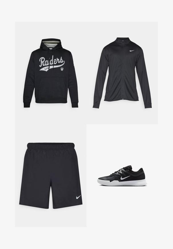 Jacket desportivo preto com mangas longas, colarinho e fecho zip completo. Apresenta um discreto logotipo da Nike em branco na parte superior do lado esquerdo do peito. Textura suave.; Sweatshirt preto feito de mistura de algodão. Apresenta um grande logotipo "Raiders" em cinza, bolso canguru, cordões e punhos canelados. Logotipo desportivo na manga.; Calças de desporto pretas feitas de material leve com uma cintura elástica. Apresenta um pequeno logótipo branco da Nike no canto inferior esquerdo.; Sapatilha atlética preta com um cabedal texturizado, swoosh branco da Nike e uma sola de borracha branca. Apresenta um design com atacadores e uma forma dinâmica.