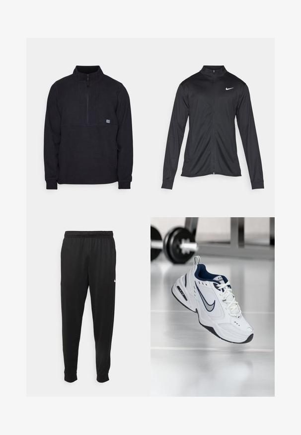 Fekete sportdzseki hosszú ujjal, gallérral és teljes cipzárral. Diszkrét fehér Nike logóval az upper bal mellen. Sima textúra.; Fekete bolyhos pulóver fél cipzárral, mellkasi varázssal és egy kis logóval a bal oldalon. Puha tapintású, hosszú ujjú.; Fekete sportos nadrág sima anyagból, rugalmas derékkal, szűkülő lábakkal és egy kis fehér logóval a bal oldalon.; Fehér sportcipő sötétkék akcentussal, hálós és bőr felső résszel, megerősített orral és fekete gumitalppal. Jellemzője a jellegzetes Nike márkázás.