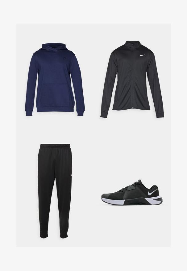 Black athletic jacket with long sleeves, collar, and full zipper. Features a subtle Nike logo in white on the upper left chest. Smooth texture.; Navy blue hoodie made of soft fabric, featuring a front pocket, ribbed cuffs, and a small logo on the chest. Simple, relaxed design.; Black athletic pants made of smooth fabric, featuring an elastic waistband, tapered legs, and a small white logo on the left side.; Nike Performance METCON 10 - Training shoe - black/white/anthracite