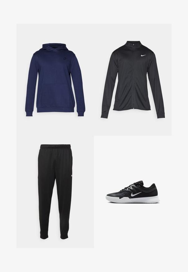 Giacca sportiva nera con maniche lunghe, colletto e zip completa. Presenta un logo Nike in bianco sulla parte superiore del lato sinistro del petto. Tessuto morbido.; Felpa con cappuccio blu navy realizzata in tessuto morbido, con tasca anteriore, polsini a coste e un piccolo logo sul petto. Design semplice e rilassato.; Pantaloni sportivi neri realizzati in tessuto liscio, con una vita elastica, gambe affusolate e un piccolo logo bianco sul lato sinistro.; Scarpa sportiva nera con tomaia testurizzata, logo Nike swoosh bianco e suola in gomma bianca. Presenta un design con lacci e una forma dinamica.