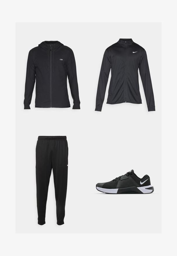Fekete sportdzseki hosszú ujjal, gallérral és teljes cipzárral. Diszkrét fehér Nike logóval az upper bal mellen. Sima textúra.; Fekete, zipzáros kapucnis pulóver sima anyagból. Kis logó található a mellkason, és oldalsó zsebekkel rendelkezik. Egyenes fazonú és hosszú ujjú.; Fekete sportos nadrág sima anyagból, rugalmas derékkal, szűkülő lábakkal és egy kis fehér logóval a bal oldalon.; Nike Performance METCON 10 - Edzőcipő - black/white/anthracite