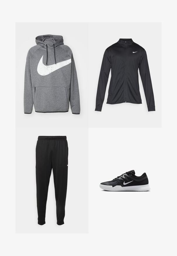Melna sporta jaka ar garām piedurknēm, apkakli un pilnu rāvējslēdzēju. Uz kreisā krūts augšdaļas ir maigs Nike logo baltā krāsā. Gluda tekstūra.; Pelēks kapuci krekls ar lielu baltu Nike logo. Iekļauj kangaroo kabatu, kapuci ar aukliņu un ribotas aproces. Mīksta tekstūra.; Melnas sporta bikses, kas izgatavotas no gludas auduma, ar elastīgu jostu, sašaurinošām kājām un mazu balto logo kreisajā pusē.; Melni sporta apavi ar teksturētu virsu, balto Nike zulumu un balto gumijas zoli. Iezīmējas ar auklu pievilkšanas dizainu un dinamisku formu.