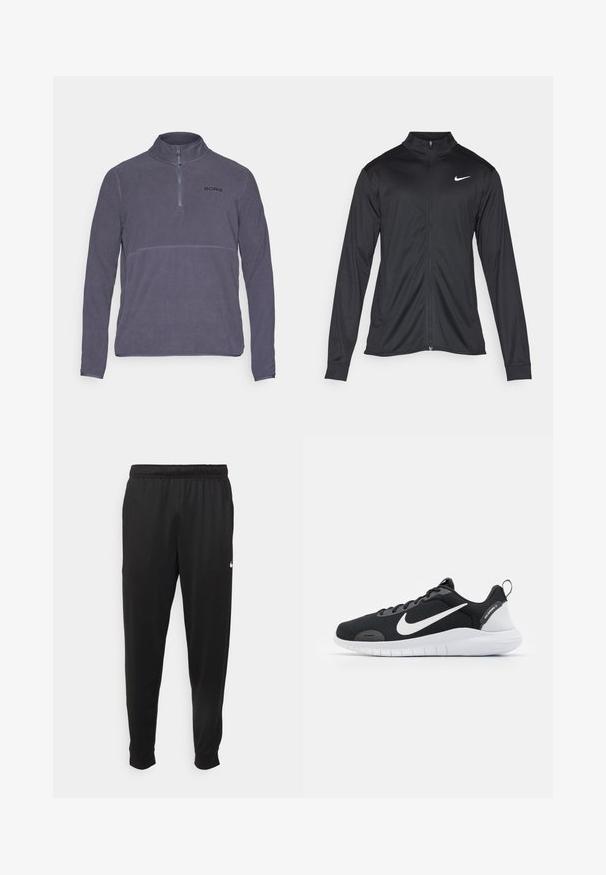 Čierna športová bunda s dlhými rukávmi, golierom a plným zipsom. Obsahuje nenápadné logo Nike v bielej farbe na hornej ľavej hrudi. Hladká textúra.; Sivý fleecový pulóver s vysokým golierom, polovičným zipom vpredu a čiernym logom "BORG". Má dlhé rukávy a jemnú textúru.; Čierne športové nohavice z hladkej tkaniny, s elastickým pásom, zužujúcimi sa nohavicami a malým bielym logom na ľavej strane.; Čierna športová obuv s vrchnou časťou z materiálu s otvorenou štruktúrou, biele logo Nike swoosh, textúrované akcenty a biela gumová podrážka. Obsahuje pútko na päte.
