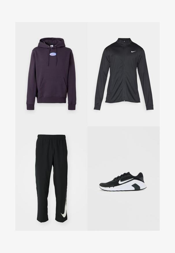 Jacket desportivo preto com mangas longas, colarinho e fecho zip completo. Apresenta um discreto logotipo da Nike em branco na parte superior do lado esquerdo do peito. Textura suave.; Hoodie roxo escuro com bolso frontal e cordões, apresentando um pequeno logótipo oval azul da Nike com um swoosh rosa no peito.; Calças atléticas pretas com cintura elástica, design afunilado, apresentando um grande logótipo branco da Nike na perna esquerda. Tecido macio e leve.; Sapatilha de corrida Nike em preto e branco com o logo swoosh branco, design com atacadores e sola almofadada, mostrada de lado num fundo simples.