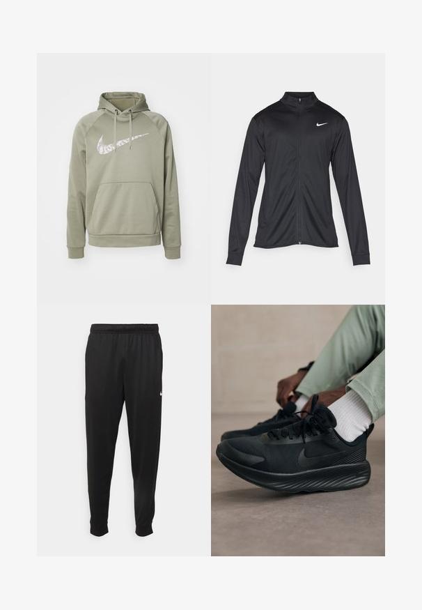 Črna atletska jakna z dolgimi rokavi, ovratnikom in polnim zadrgo. Vključuje diskreten bel Nike logotip na zgornjem levem delu prsnega koša. Gladka tekstura.; Olivno zelena kapuca izdelana iz mehke tkanine, s velikim belim logotipom Nike na sprednji strani, sprednjim kenguru žepom in kapuco s vrvico.; Črne športne hlače iz gladkega materiala, z elastičnim pasom, zoženimi hlačnicami in majhnim belim logotipom na levi strani.; Črne tekaške čevlje Nike imajo mrežasto zgornji del, teksturiran podplat in minimalno blagovno znamko. Oblikovanje je poenostavljeno in športno izgledajoče.