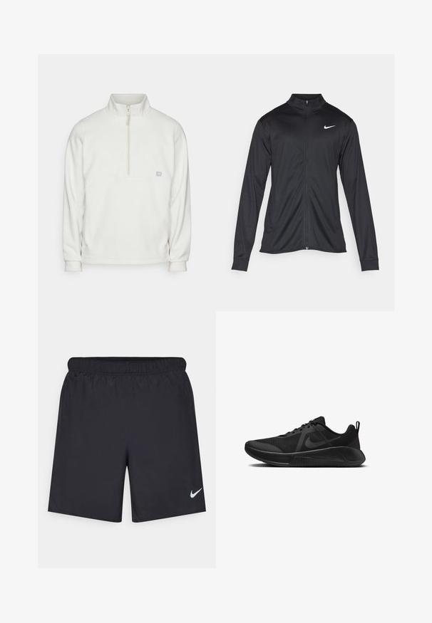 Veste de sport noire à manches longues, avec col et fermeture éclair intégrale. Présente un logo Nike subtil en blanc sur le côté supérieur gauche de la poitrine. Texture lisse.; Pull en polaire blanc avec un col zippé à mi-hauteur. Il présente un panneau rectangulaire sur la poitrine et un petit logo sur le côté gauche. Texture douce.; Shorts de sport noirs en matériau léger avec une taille élastique. Présente un petit logo Nike blanc sur le bas du côté gauche.; Chaussures de sport noires avec une tige en mesh, des détails texturés, un col rembourré et une semelle en caoutchouc avec un motif de crantage distinctif.