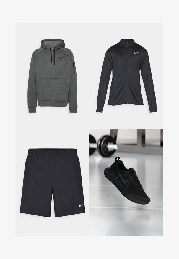 Giacca sportiva nera con maniche lunghe, colletto e zip completa. Presenta un logo Nike in bianco sulla parte superiore del lato sinistro del petto. Tessuto morbido.; Felpa grigia con finitura texturizzata, dotata di tasca frontale, cappuccio con cordino e tasca laterale con zip. Logo Nike sul petto.; Shorts sportivi neri realizzati in materiale leggero con vita elastica. Presentano un piccolo logo Nike bianco sul lato sinistro in basso.; Scarpa sportiva nera con tomaia in mesh testurizzato, suola in gomma e un prominente logo swoosh scuro. Presenta un colletto imbottito e design con lacci.