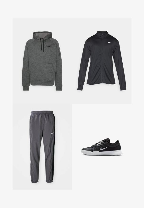 Črna atletska jakna z dolgimi rokavi, ovratnikom in polnim zadrgo. Vključuje diskreten bel Nike logotip na zgornjem levem delu prsnega koša. Gladka tekstura.; Siva kapuca s teksturirano površino, z sprednjim žepom, kapuco na vrvico in stranskim žepom na zadrgo. Nike logo na prsih.; Nike teka hlače, narejene iz lahkega materiala, v temno sivi barvi z črnimi stranskimi paneli. Imajo elastični pas in odsevni znak.; Črne atletske čevlje z teksturirano zgornjico, belim Nike znakom in belim gumijastim zunanjim podplatom. Imajo vezalni dizajn in dinamično obliko.