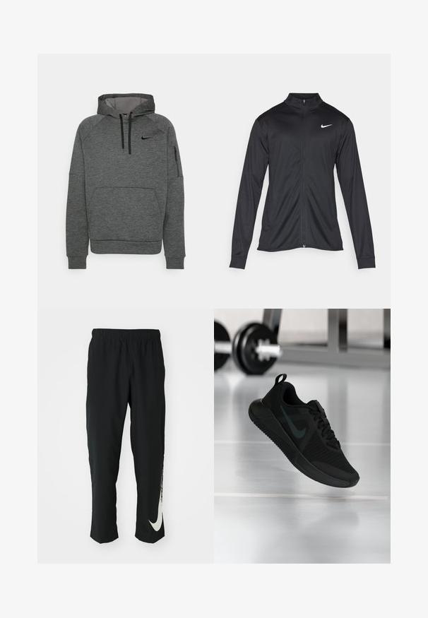 Black athletic jacket with long sleeves, collar, and full zipper. Features a subtle Nike logo in white on the upper left chest. Smooth texture.; Gray hoodie with a textured finish, featuring a front pocket, drawstring hood, and side zippered pocket. Nike logo on the chest.; Black athletic pants with elastic waistband, tapering design, featuring a large white Nike logo on the left leg. Soft, lightweight fabric.; Black athletic shoe with a textured mesh upper, rubber sole, and a prominent dark swoosh logo. Features a padded collar and lace-up design.