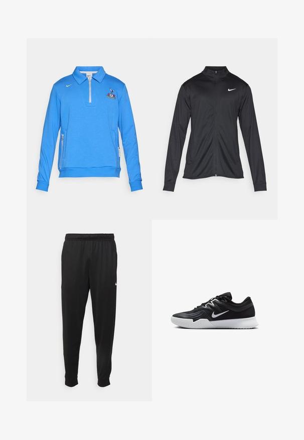 Svart idrettsjakke med lange ermer, krage og full glidelås. Har en subtil Nike-logo i hvitt på øvre venstre bryst. Glatt tekstur.; Blå genser med høy hals laget av mykt materiale, med glidelås på kragen, brodert logo på brystet og sidelommer med glidelås.; Svarte treningsbukser laget av glatt stoff, med elastisk midje, smale ben og en liten hvit logo på venstre side.; Svart treningssko med teksturert overdel, hvit Nike-swoosh og hvit gummisåle. Har snøring og en dynamisk form.