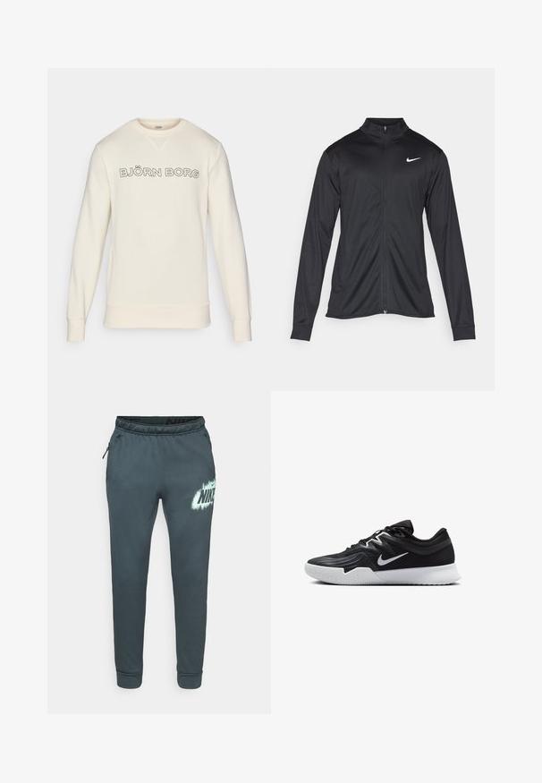 Čierna športová bunda s dlhými rukávmi, golierom a plným zipsom. Obsahuje nenápadné logo Nike v bielej farbe na hornej ľavej hrudi. Hladká textúra.; Krémový sveter s priedušným materiálom, dizajnom s okrúhlym výstrihom a výrazným logom "BJÖRN BORG" na hrudi v čiernej farbe.; Tmavošedé teplákové nohavice vyrobené z mäkkej tkaniny, s elastickým pásom, postrannými vreckami a veľkým bielym logom Nike so striekacím efektom.; Čierna športová topánka s textúrovaným zvrškom, bielym logom Nike a bielou gumovou podrážkou. Má šnurovací dizajn a dynamický tvar.