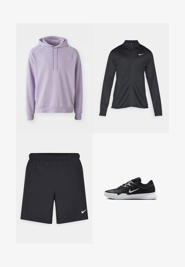 Czarna sportowa kurtka z długimi rękawami, kołnierzem i pełnym zamkiem. Posiada subtelne logo Nike w białym kolorze na lewej górnej części klatki piersiowej. Gładka tekstura.; Fioletowy sweatshirt z kapturem, z sznurkiem, z rękawami raglanowymi i ściągaczami. Zawiera małe, stonowane logo na klatce piersiowej.; Czarne spodenki sportowe wykonane z lekkiego materiału, z elastycznym pasem. Posiadają małe białe logo Nike na dolnej lewej stronie.; Czarne buty sportowe z teksturowaną cholewką, białym logo Nike i białą gumową podeszwą. Charakteryzują się sznurowanym zapięciem i dynamicznym kształtem.