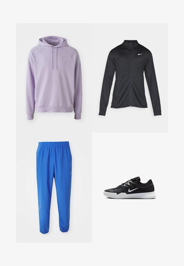 Čierna športová bunda s dlhými rukávmi, golierom a plným zipsom. Obsahuje nenápadné logo Nike v bielej farbe na hornej ľavej hrudi. Hladká textúra.; Fialová mikina s kapucňou a sťahovacou šnúrkou, raglánové rukávy a manžety s rebrovaním. Má malé, decentné logo na hrudi.; Modré športové nohavice s elastickým pásom, priame nohy s užšími manžetami. Na ľavej strane je zlaté logo Nike.; Čierna športová topánka s textúrovaným zvrškom, bielym logom Nike a bielou gumovou podrážkou. Má šnurovací dizajn a dynamický tvar.