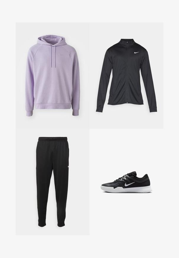 Svart idrettsjakke med lange ermer, krage og full glidelås. Har en subtil Nike-logo i hvitt på øvre venstre bryst. Glatt tekstur.; Lilla hettegenser med snor, raglanermer og ribbestrikkede mansjetter. Har en liten, diskret logo på brystet.; Svarte treningsbukser laget av glatt stoff, med elastisk midje, smale ben og en liten hvit logo på venstre side.; Svart treningssko med teksturert overdel, hvit Nike-swoosh og hvit gummisåle. Har snøring og en dynamisk form.