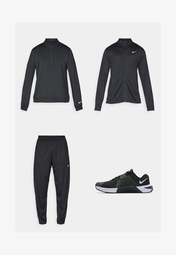 Jacket desportivo preto com mangas longas, colarinho e fecho zip completo. Apresenta um discreto logotipo da Nike em branco na parte superior do lado esquerdo do peito. Textura suave.; Pullover Nike preto com colar alto, fecho de zíper de um quarto e mangas longas. Apresenta um pequeno logótipo branco na manga esquerda. Textura de tecido suave.; Calças de atletismo pretas com um cós elástico, pernas afuniladas e um pequeno logo branco da Nike na coxa esquerda. Tecido liso, sem padrões.; Nike Performance METCON 10 - Sapatilha de treino - black/white/anthracite