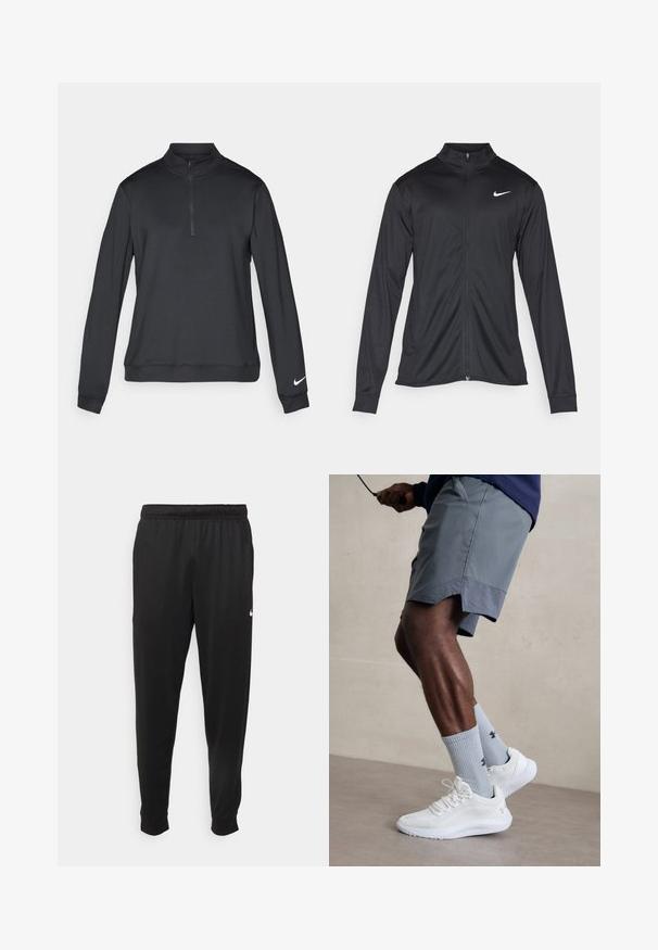 Jacket desportivo preto com mangas longas, colarinho e fecho zip completo. Apresenta um discreto logotipo da Nike em branco na parte superior do lado esquerdo do peito. Textura suave.; Pullover Nike preto com colar alto, fecho de zíper de um quarto e mangas longas. Apresenta um pequeno logótipo branco na manga esquerda. Textura de tecido suave.; Calças de desporto pretas feitas de tecido suave, com uma cintura elástica, pernas ajustadas e um pequeno logo branco no lado esquerdo.; Ténis desportivos brancos com parte superior em malha texturizada, acompanhados por meias caneleadas azul claro com um logótipo. Calções desportivos cinza com acabamento perfurado.