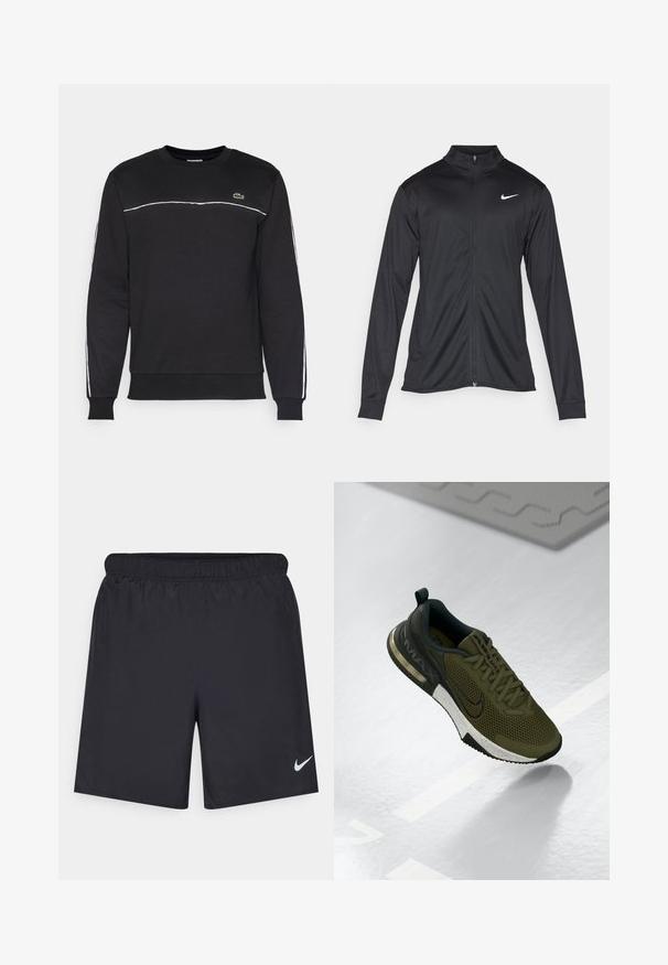 Jacket desportivo preto com mangas longas, colarinho e fecho zip completo. Apresenta um discreto logotipo da Nike em branco na parte superior do lado esquerdo do peito. Textura suave.; Sweatshirt preto com mangas longas, decote redondo, riscas brancas nas ombreiras e laterais, com um pequeno logótipo da Lacoste no peito.; Calças de desporto pretas feitas de material leve com uma cintura elástica. Apresenta um pequeno logótipo branco da Nike no canto inferior esquerdo.; Sapatilha desportiva verde-azeitona com parte superior em malha, detalhes em preto e entressola salpicada de branco. Apresenta um bico arredondado e almofadas no calcanhar.