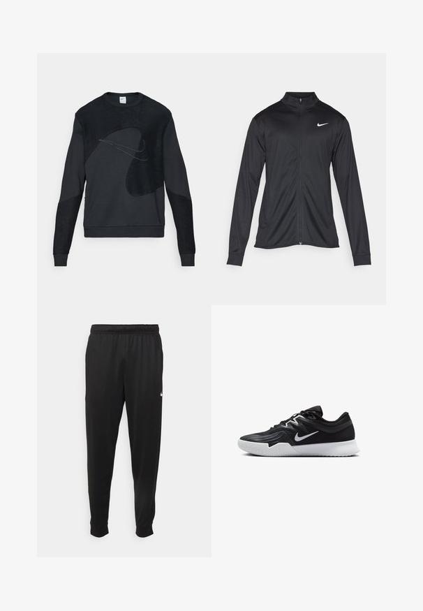 Černá sportovní bunda s dlouhými rukávy, límcem a plným zipem. Má decentní bílou logo značky Nike na horní levé části hrudi. Hladká textura.; Černá mikina Nike s texturovaným designem zahrnujícím různé látkové vzory, kulatým výstřihem a dlouhými rukávy, zdůrazňující moderní estetiku.; Černé sportovní kalhoty vyrobené z hladké tkaniny, s elastickým pasem, zúženými nohavicemi a malým bílým logem na levé straně.; Černá atletická bota s texturovaným svrškem, bílým logem Nike a bílou gumovou podrážkou. Disponuje šněrovacím designem a dynamickým tvarem.