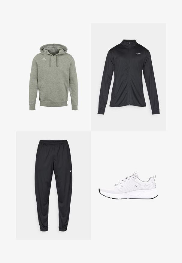 Schwarze Sportjacke mit langen Ärmeln, Kragen und voller Reißverschluss. Verfügt über ein dezentes Nike-Logo in Weiß auf der oberen linken Brust. Glatte Textur.; Kappa CUNEO - Kapuzenpullover - grey md melange; Schwarze Sporthose mit elastischem Bund, schmal zulaufenden Beinen und kleinem weißen Nike-Logo auf dem linken Oberschenkel. Glattes Material, ohne Muster.; Weißer Sportschuh mit einem atmungsaktiven Mesh-Obermaterial, Gummisohle, strukturierten Paneeldetails und einem Logo an der Ferse. Verfügt über eine Schnürschlusstechnik.